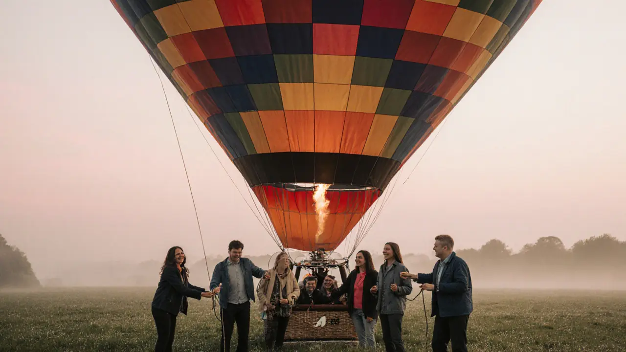 A group of people helping to inflate a colorful hot air balloon at dawn in a misty field.