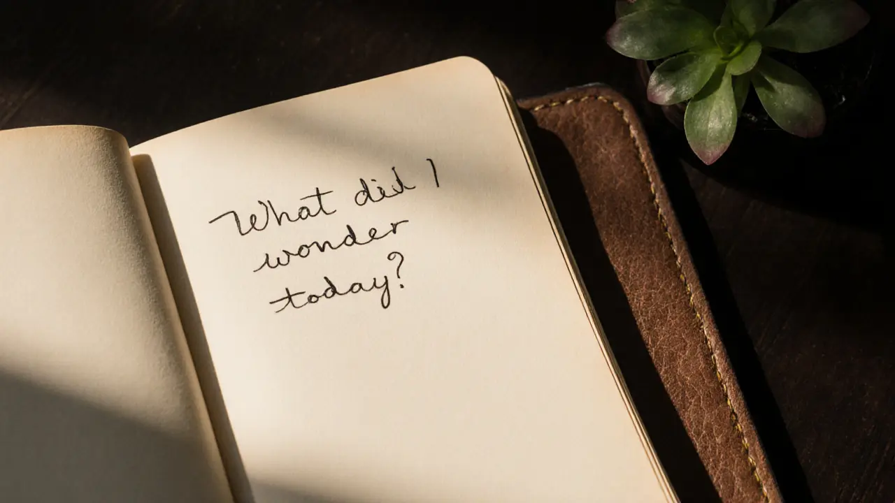 A hand writing in a leather journal with the words &#039;What did I wonder today?&#039; visible.