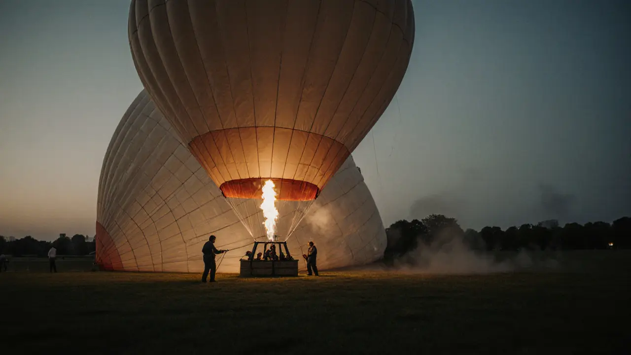 A hot air balloon inflating at dawn with a glowing burner and crew preparing in a field.