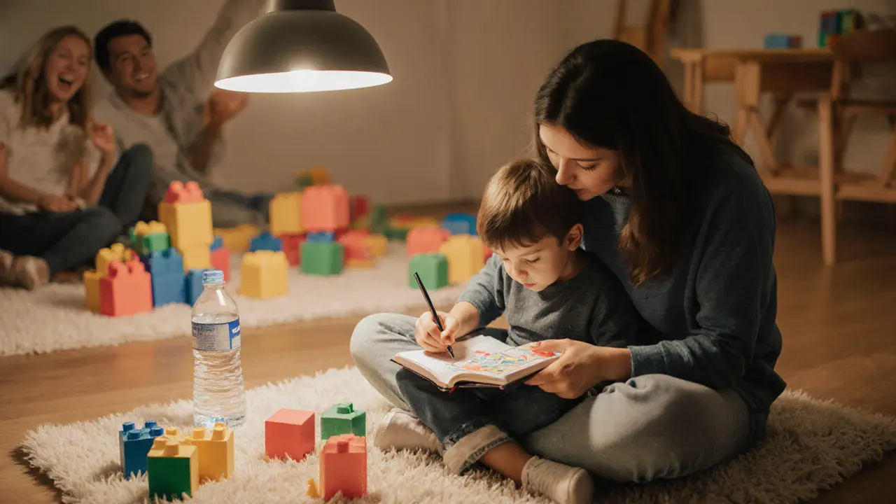 A parent and child sketching their Minecraft creation in a notebook after a session.
