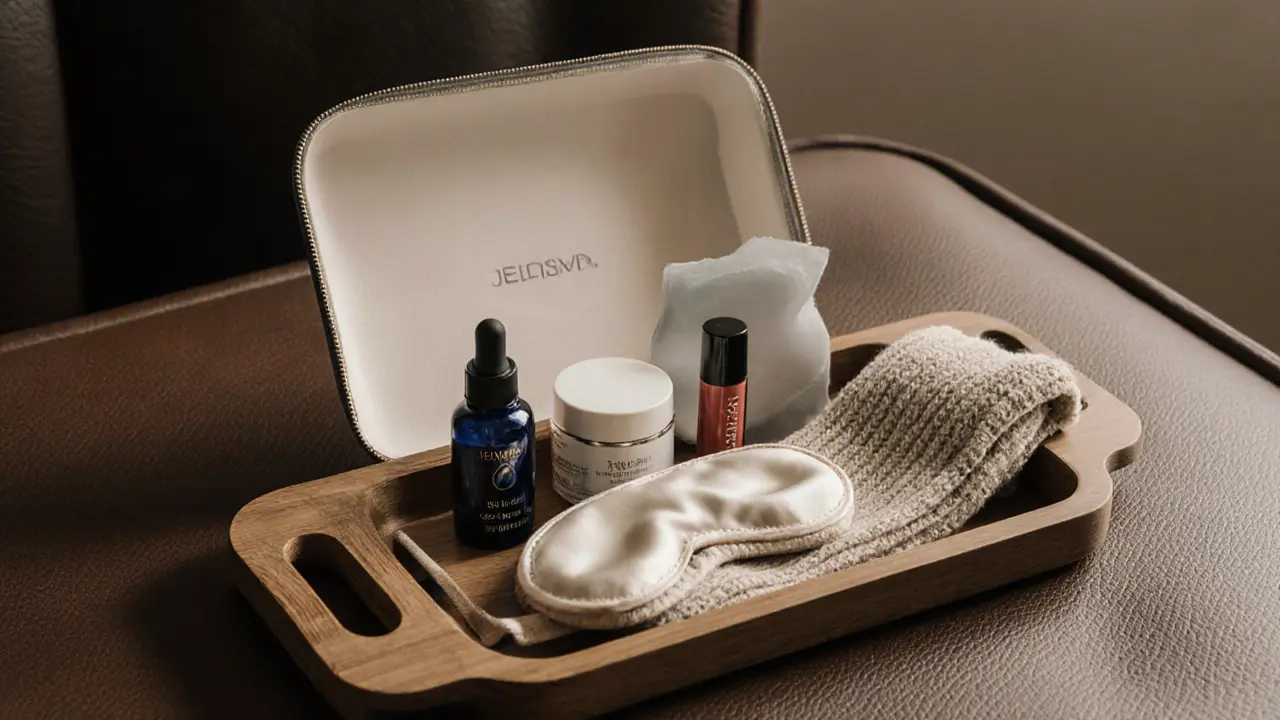 A premium amenity kit with skincare products, eye mask, and socks arranged on a wooden tray.