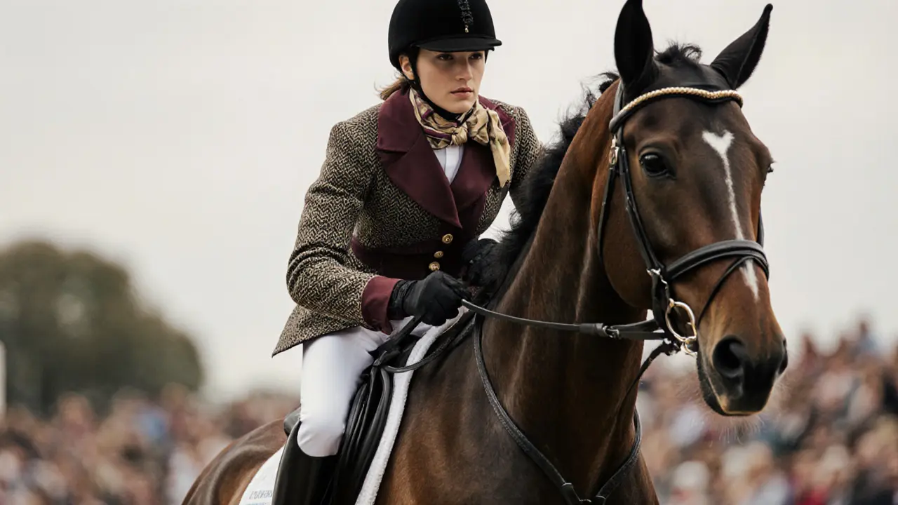 A rider in a tailored coat and scarf mid-jump with a powerful horse, focused and graceful.