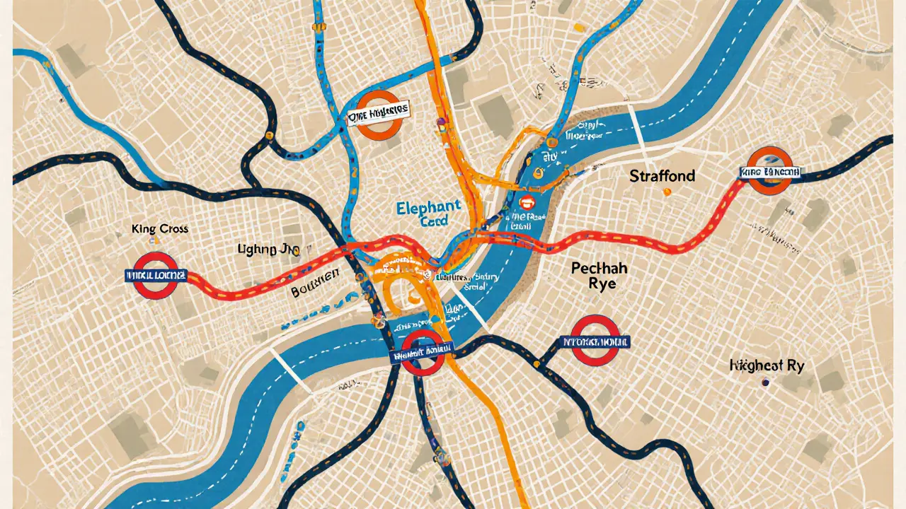 A stylized map of London highlighting five budget hotel areas near major transit stations.
