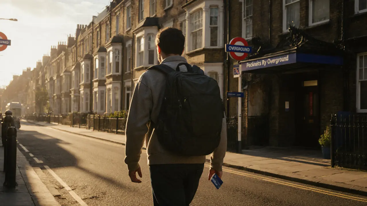 A traveler walking from a hotel to a Tube station with a backpack in early morning light.