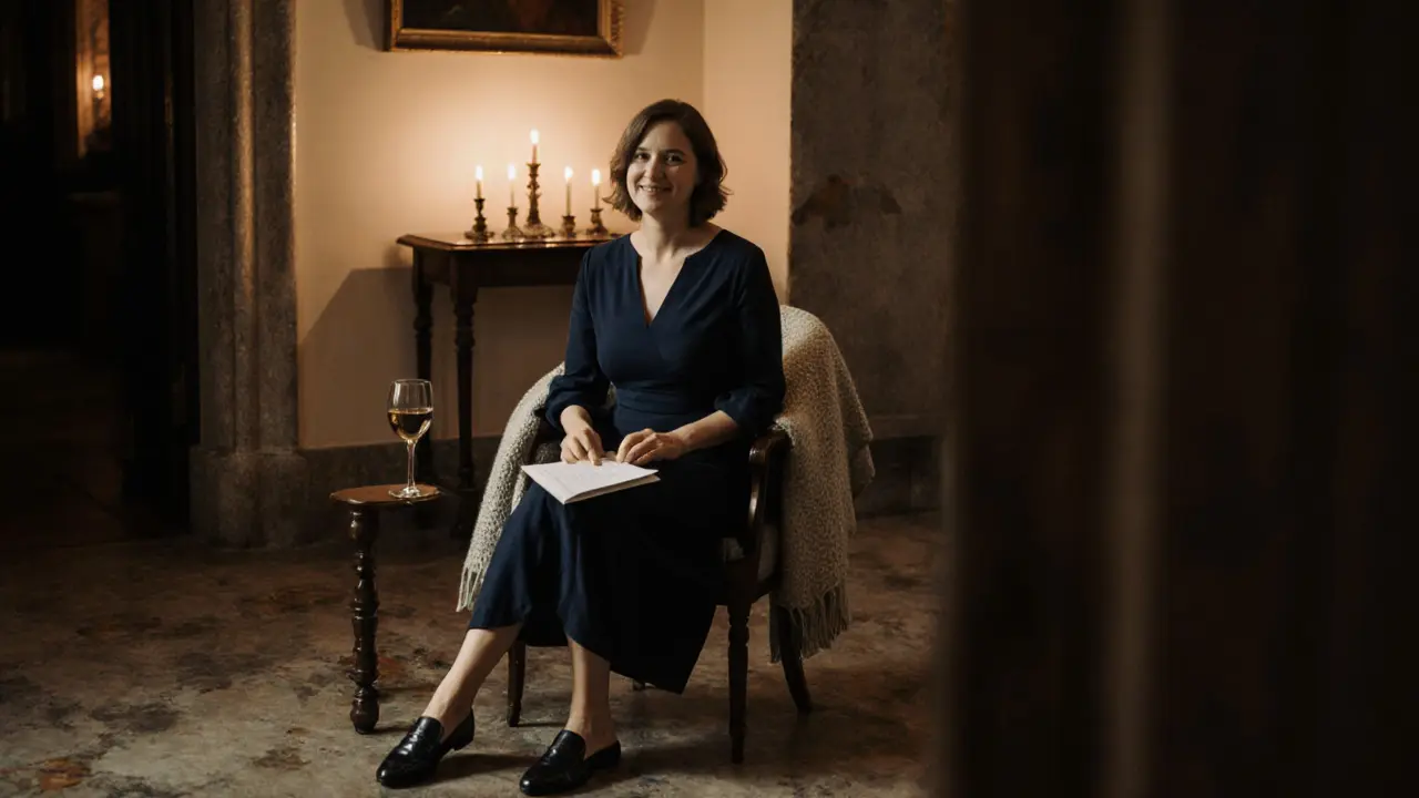 A woman in a navy dress smiles softly after a concert, holding a program with a candlelit glow behind her.