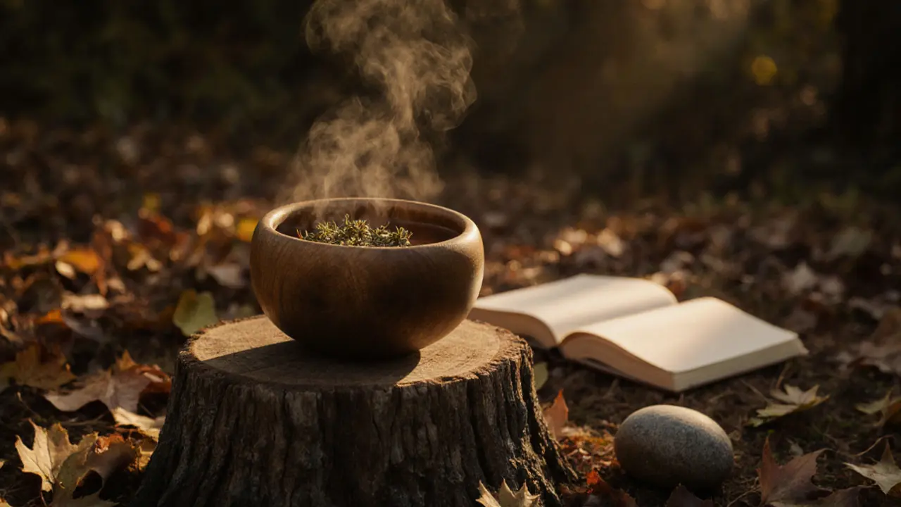 A wooden bowl of steaming herbal tea on a tree stump with a journal and stone, surrounded by fallen autumn leaves.