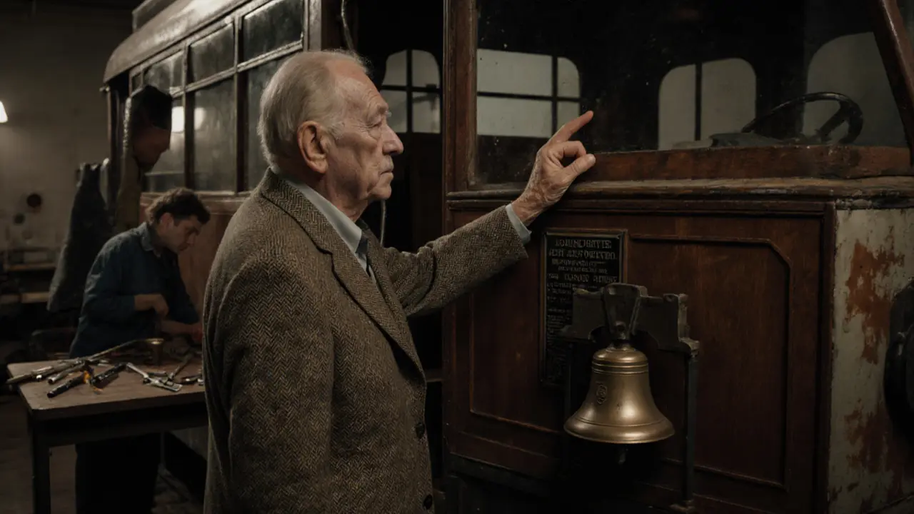 An elderly man pointing at a plaque on a 1930s trolleybus in a quiet museum setting.