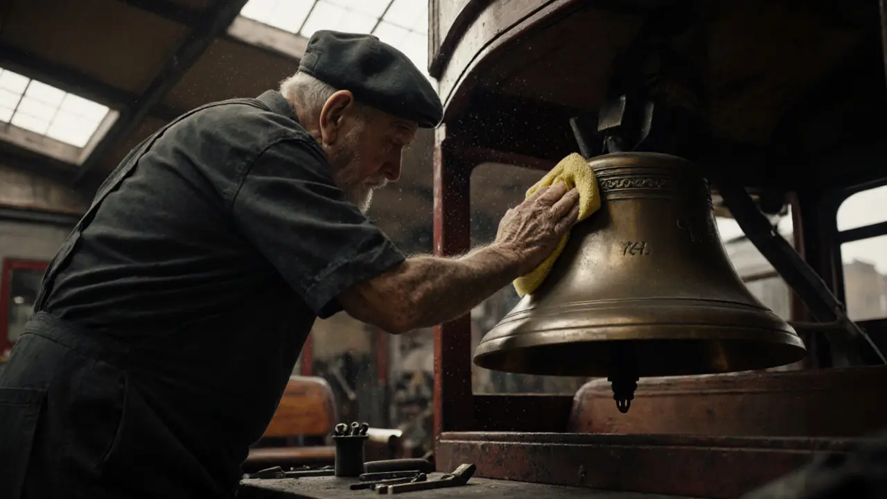 An elderly volunteer polishing the brass bell of a 1928 double-decker bus with worn hands.