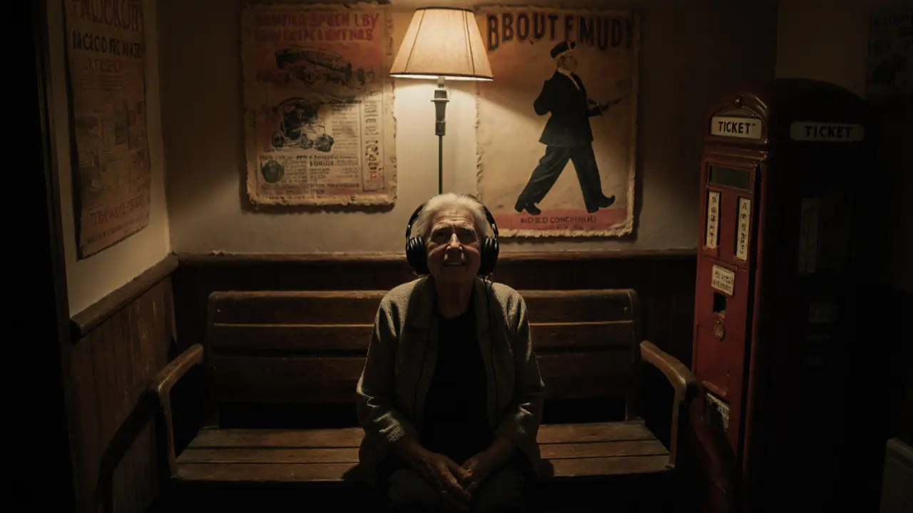 An elderly woman listening to an audio story in a quiet museum room, eyes closed, smiling softly.