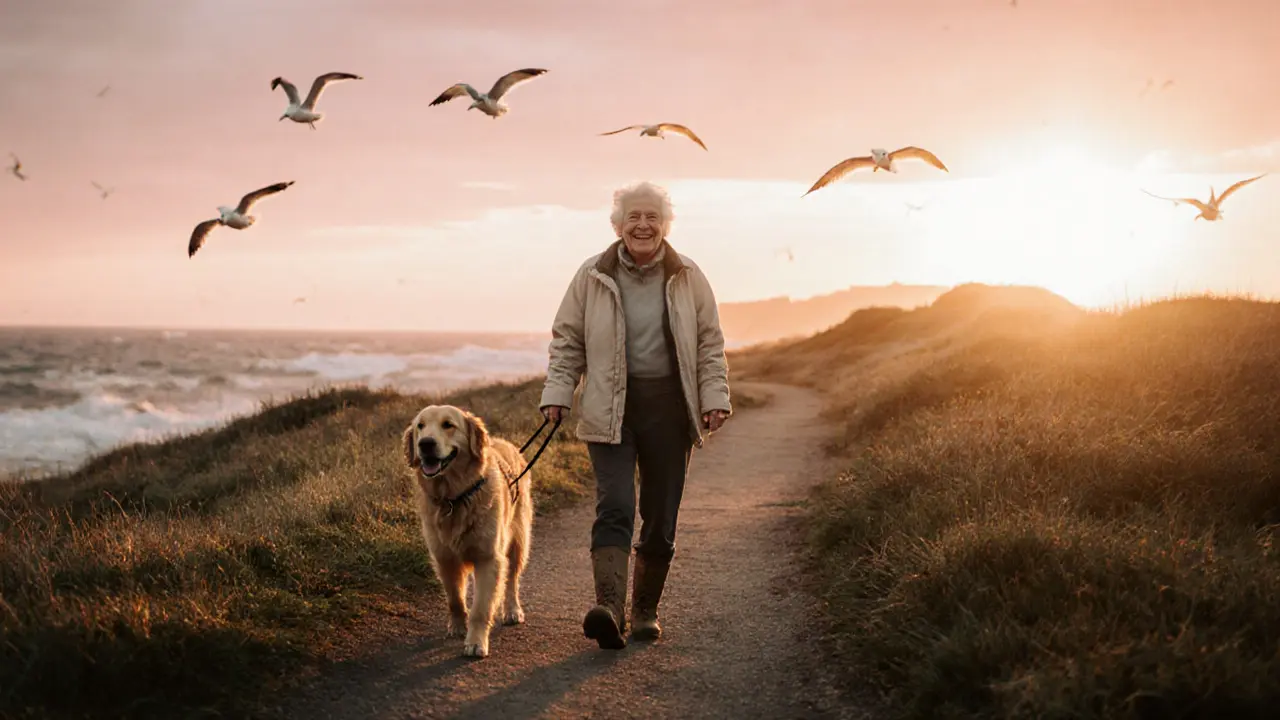 An older person walking a dog along a coastal path at sunset.