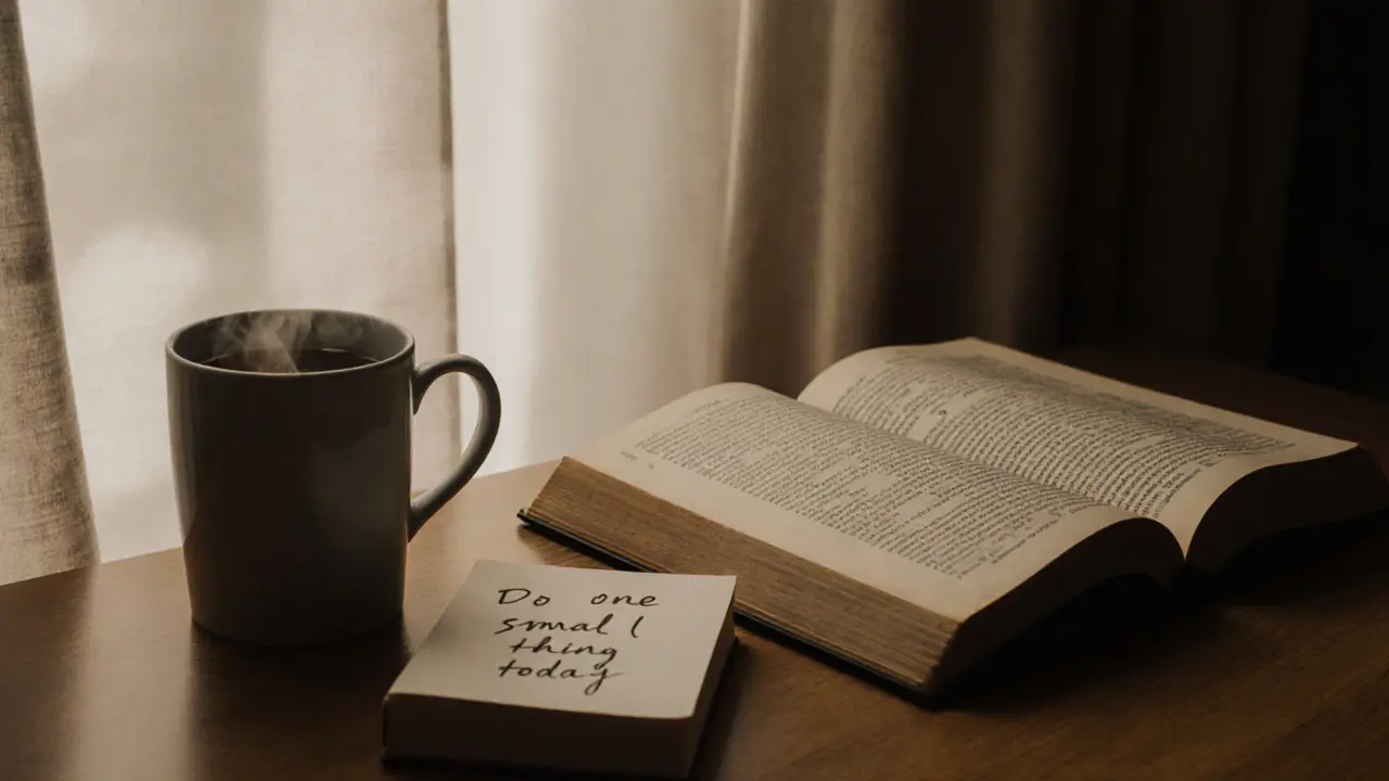 An open Book of Mormon beside a steaming mug and notebook on a wooden table in a London flat.