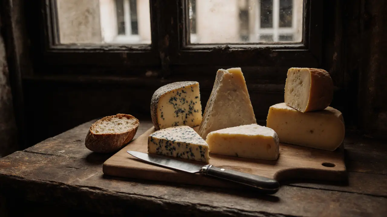 Assorted French cheeses and a baguette on a wooden counter.