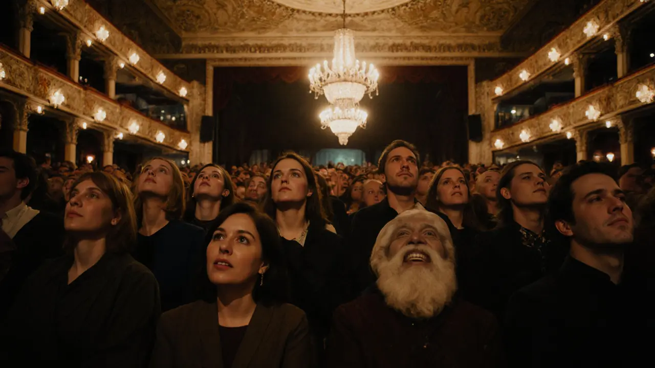 Audience in a theatre fully engaged, no phones, all eyes on stage.