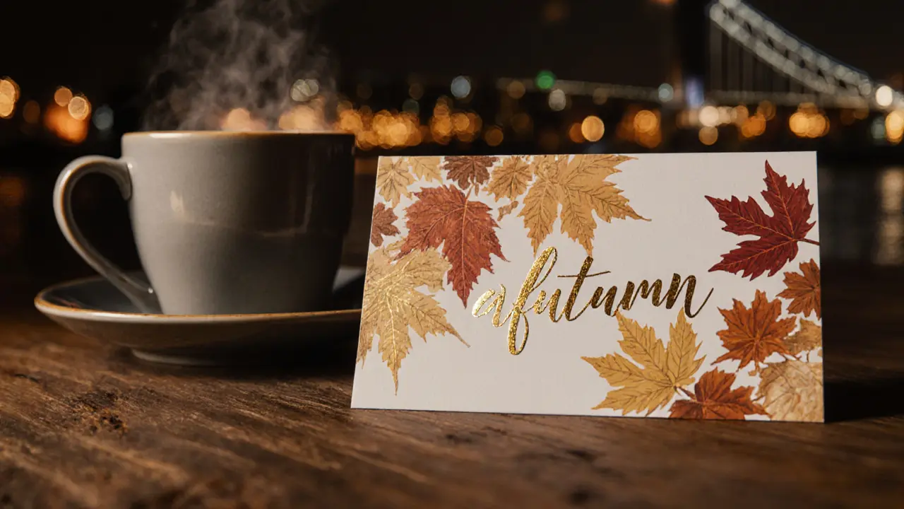 Autumn-themed gift card on wood table with coffee cup and soft city lights.