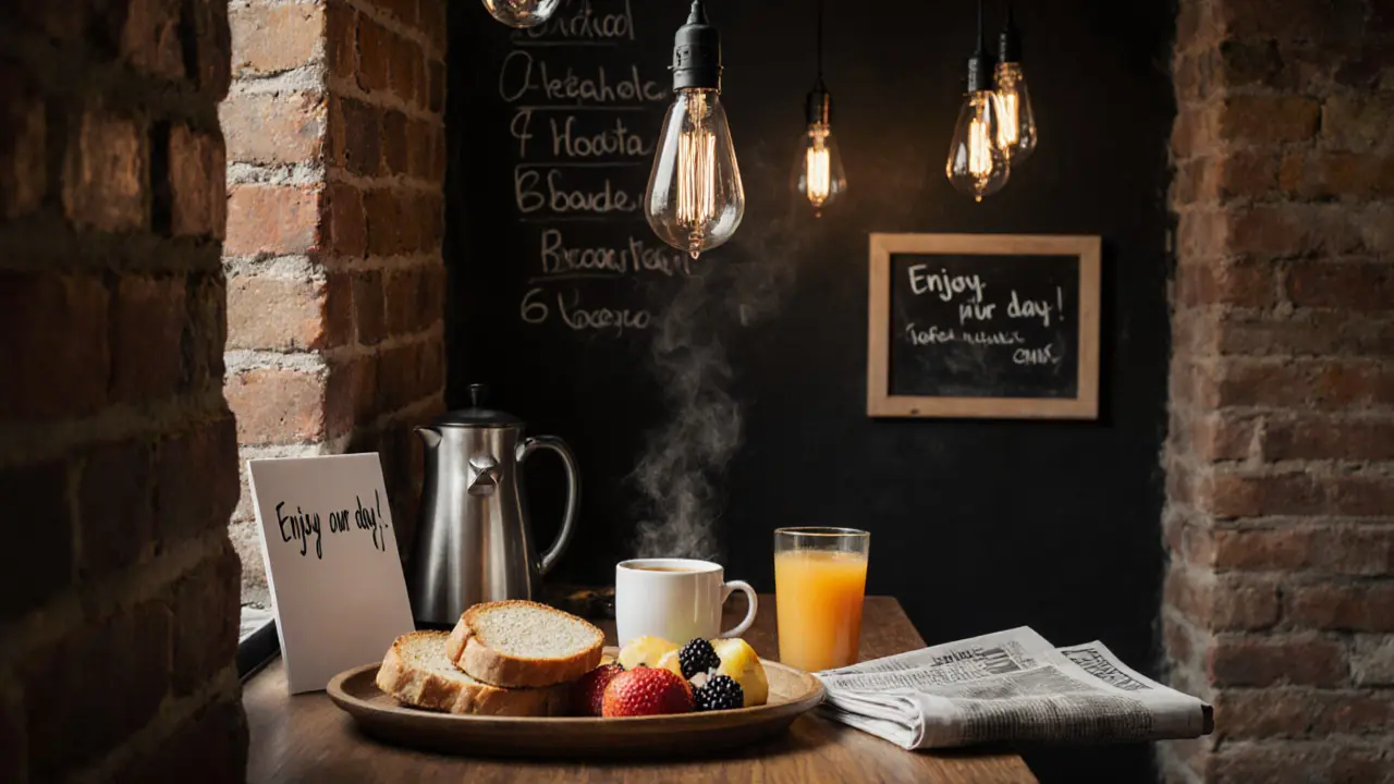 Breakfast buffet at a London budget hotel with toast, fruit, tea, and coffee in a simple dining nook.
