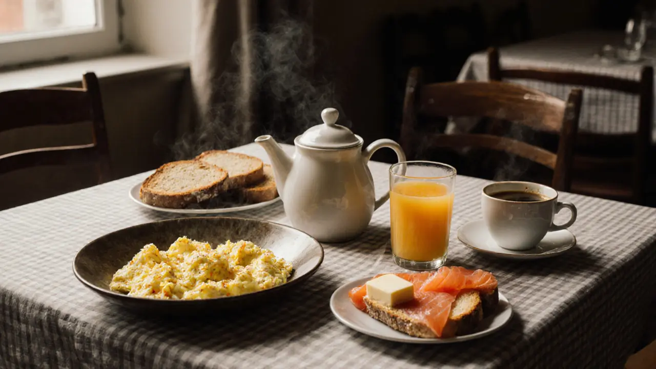 Breakfast spread with scrambled eggs, smoked salmon, toast, and coffee on a checked tablecloth.