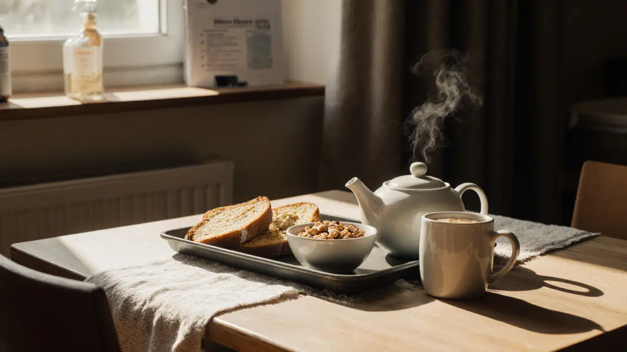 Breakfast tray with toast, cereal, tea, and coffee on a wooden table in a budget hotel.