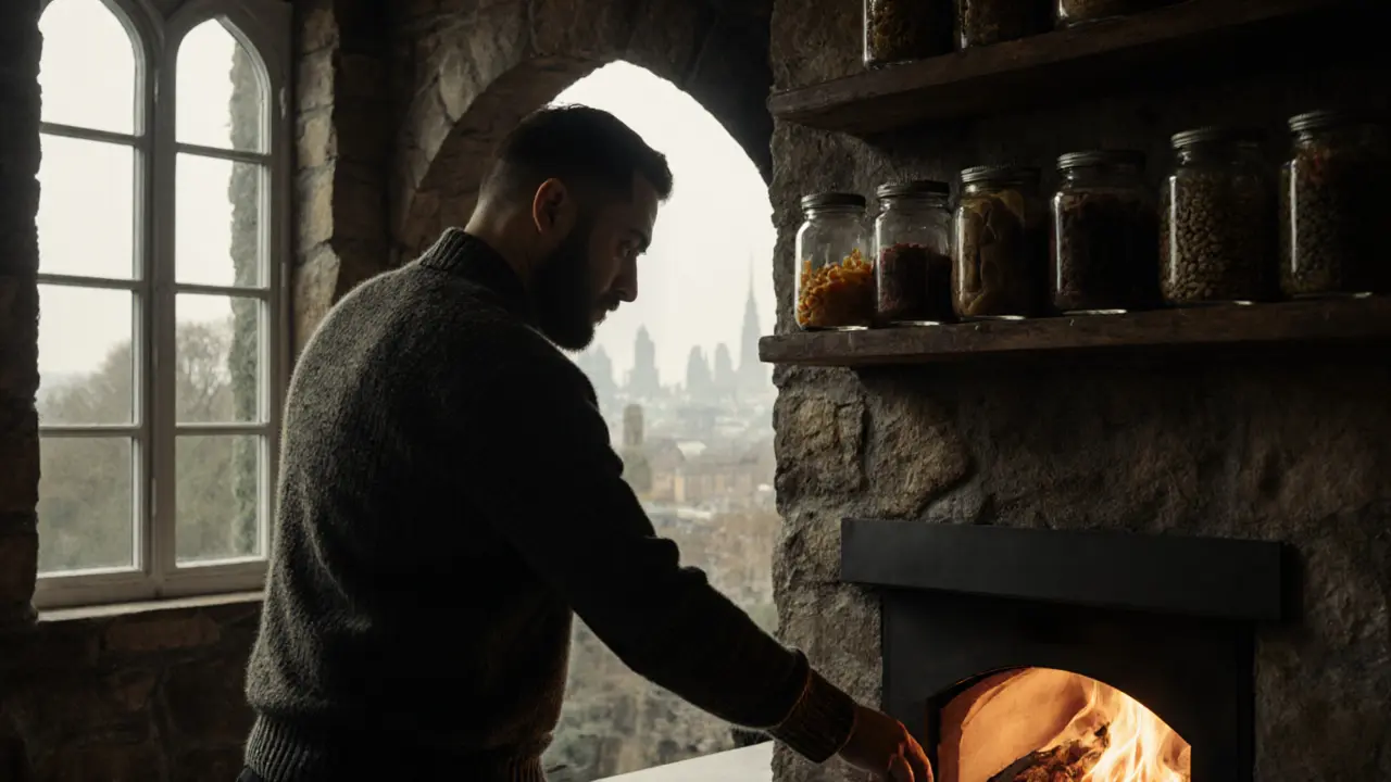 Chef beside a wood-fired oven in a stone kitchen with forest light.