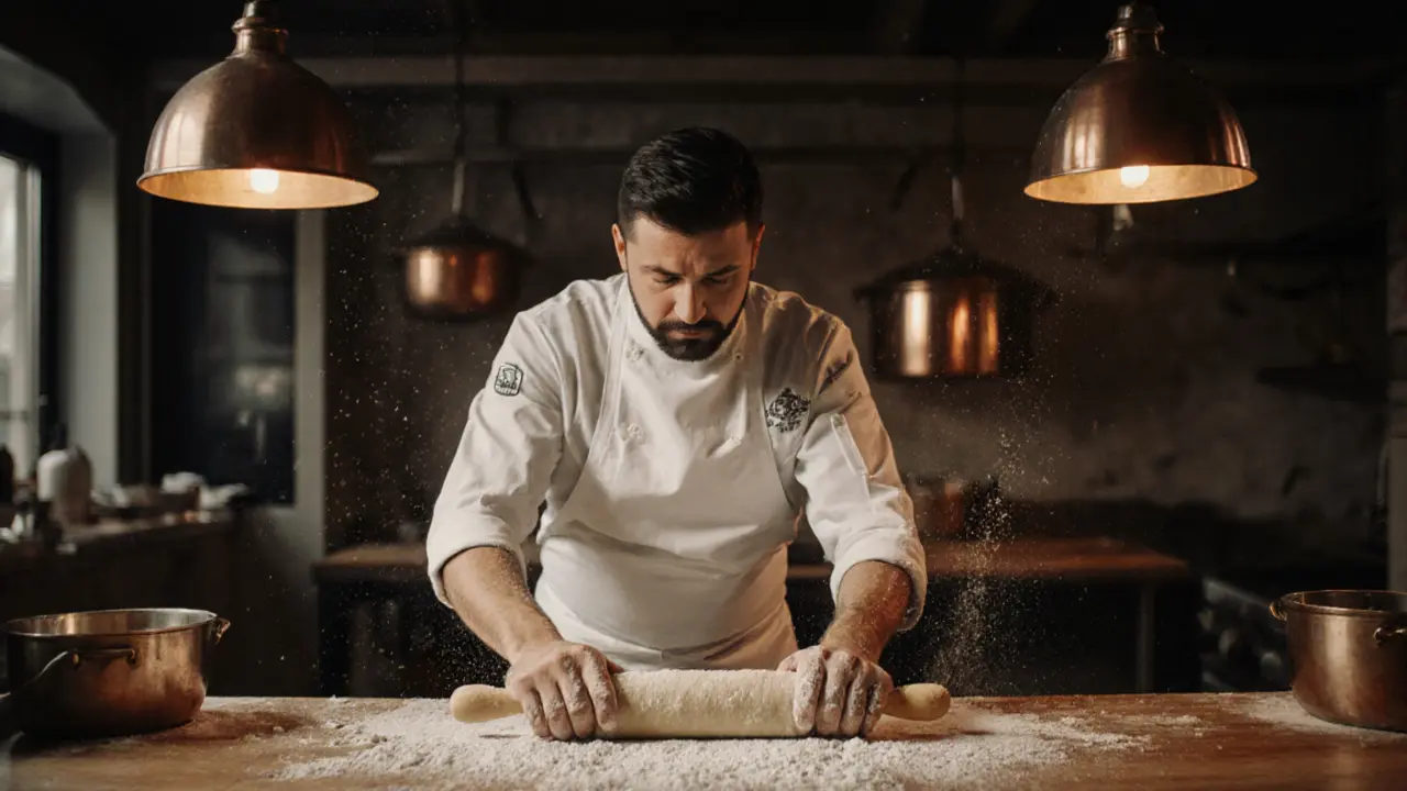 Chef rolling fresh pasta by hand in a warm, flour-dusted kitchen