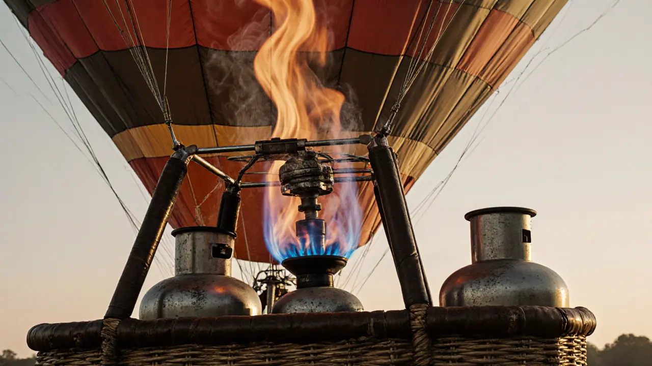 Close-up of a propane burner igniting with flames and steam rising in a wicker basket.