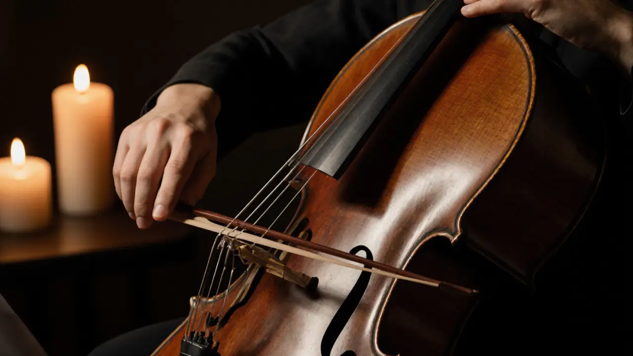 Close-up of hands playing cello in warm candlelight with shadows dancing on strings.
