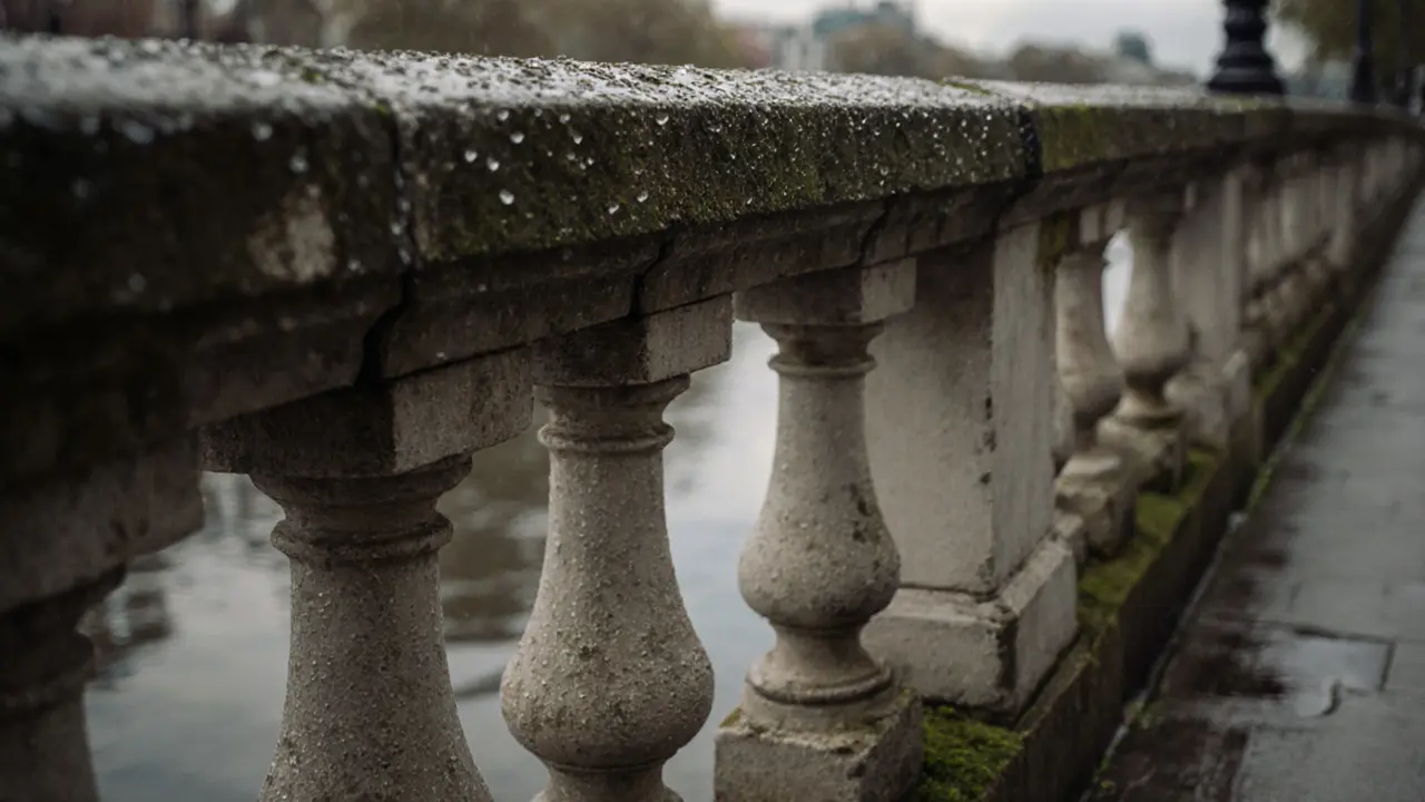 Close-up of rain-dampened stone bridge railings with moss and water droplets, textured and aged.
