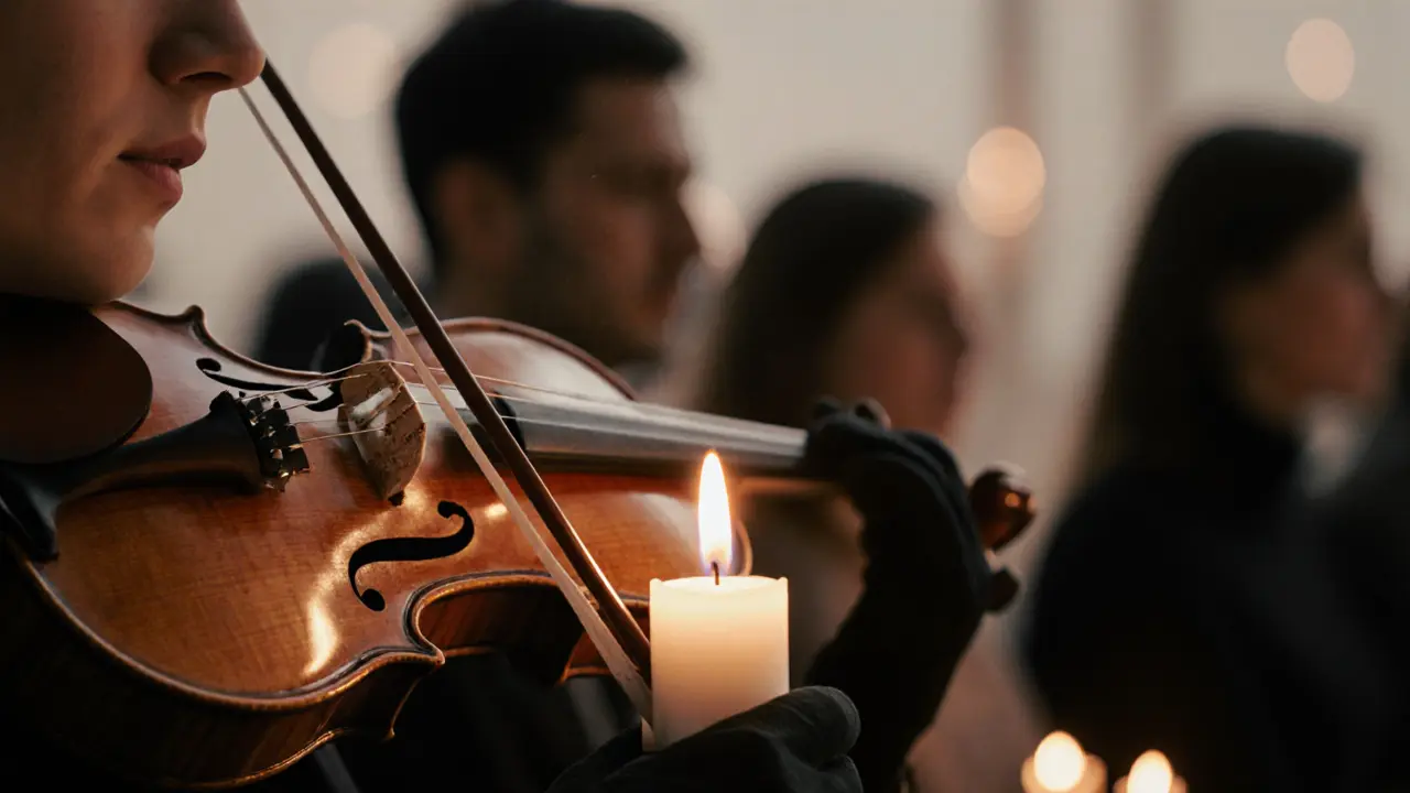 Close-up of violin strings glowing in the reflection of a tea light.
