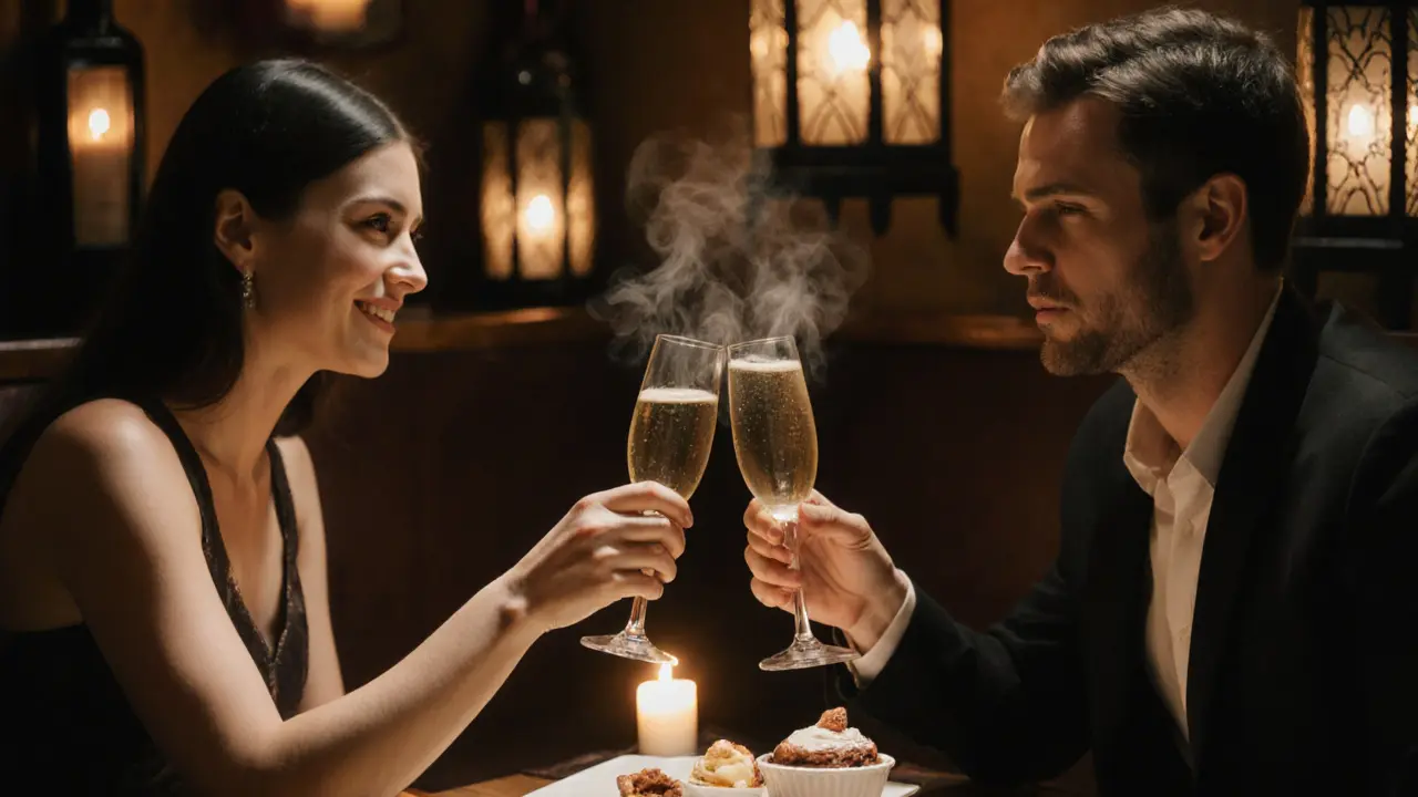 Couple clinking Prosecco glasses beside a shared tiramisu at dinner