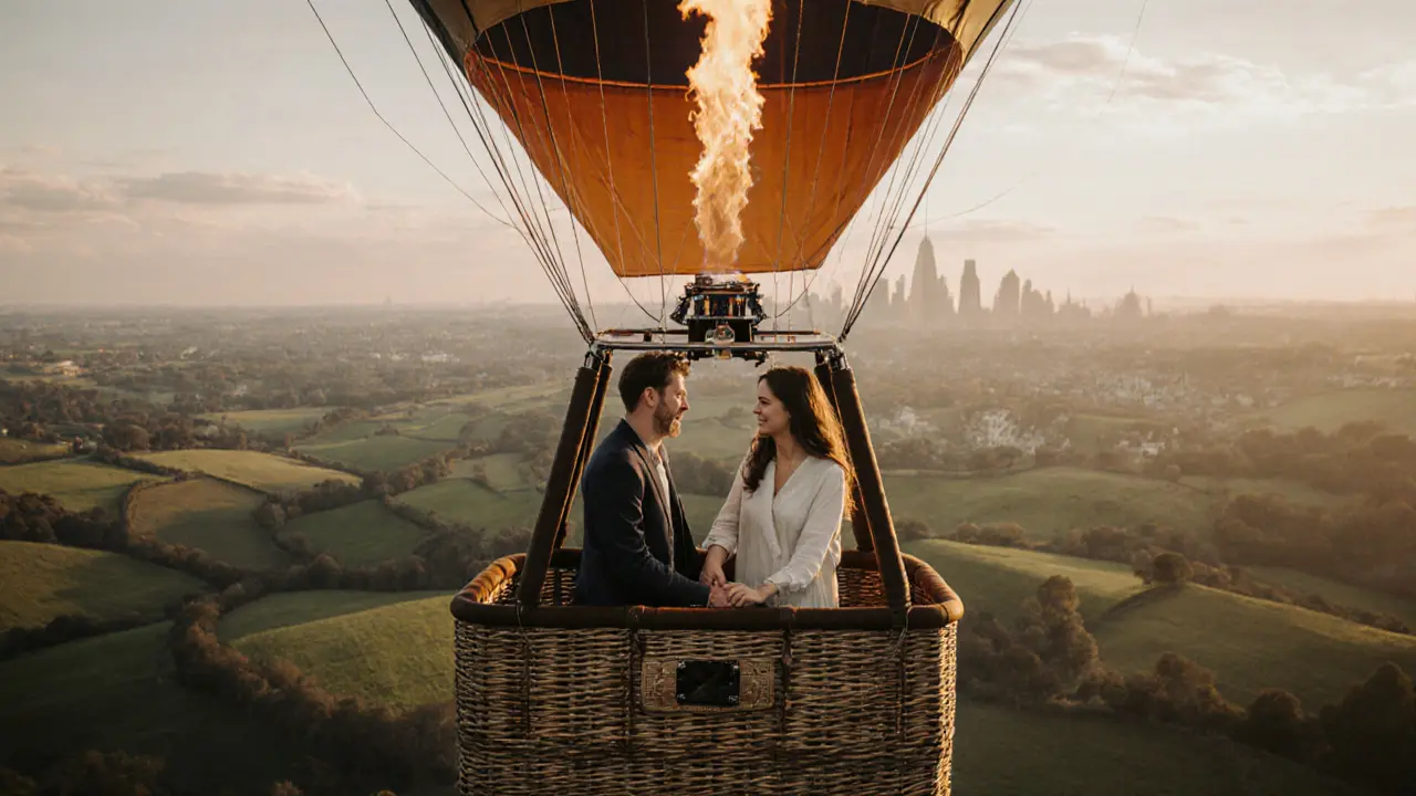 Couple holding hands in a wicker basket as the balloon rises over the English countryside.