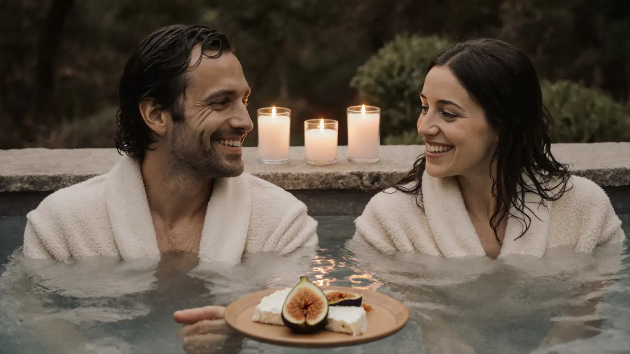 Couple smiling in adjacent jacuzzis with candles between them, robes damp from warm water