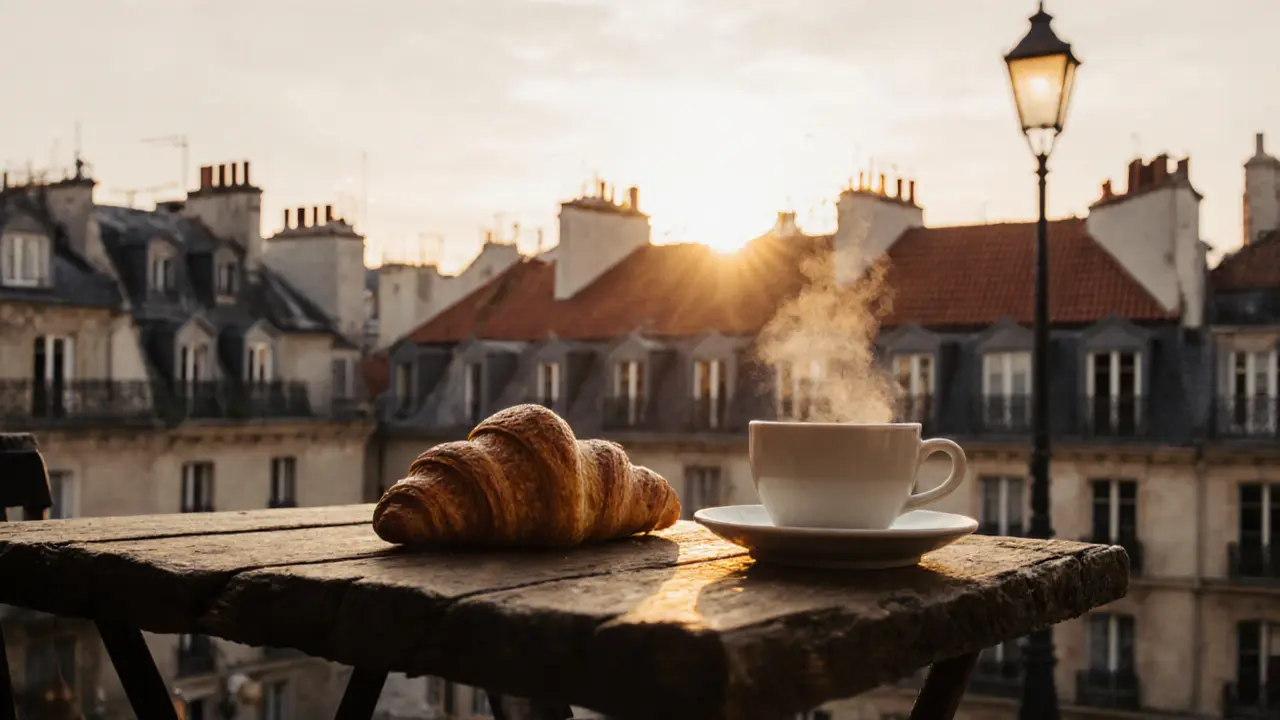 Croissant and espresso on a café table in Montmartre with Paris rooftops behind.