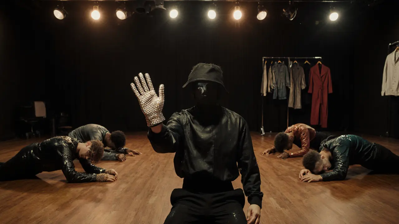 Dancers backstage holding Michael Jackson&#039;s iconic glove, preparing for performance.