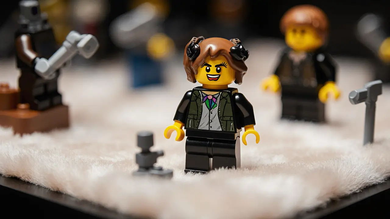 Detailed close-up of a custom Lego minifigure with unique face and accessories on display.