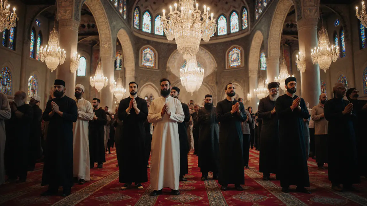 Diverse group of Muslims praying together in London Central Mosque during Friday service.