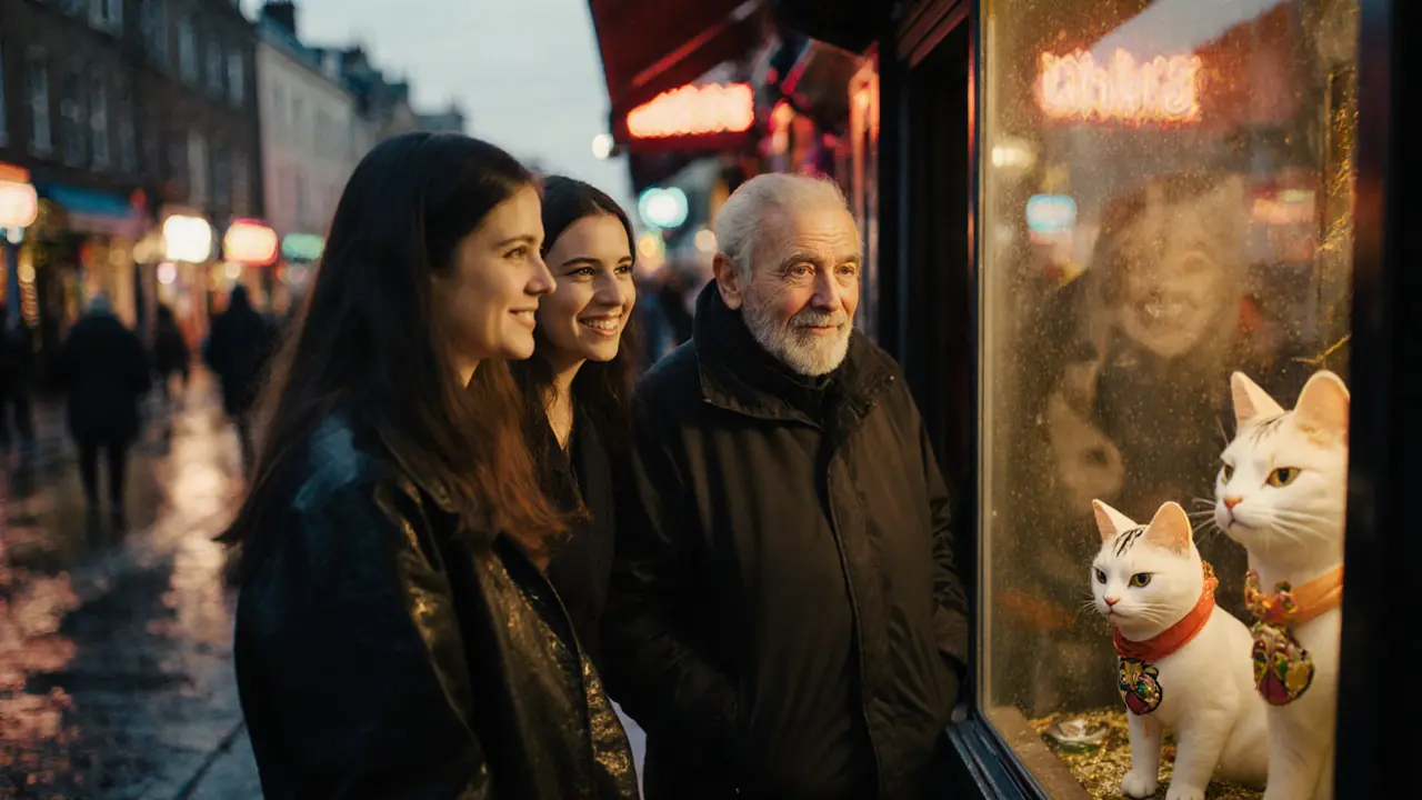 Diverse Londoners smiling at a lucky cat in a Camden market window, street life softly blurred behind.