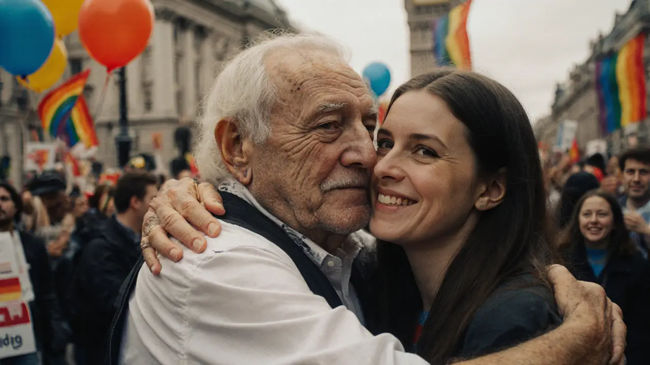 Elder LGBTQ+ activist hugging a young trans person at Trafalgar Square rally during Pride 2024.