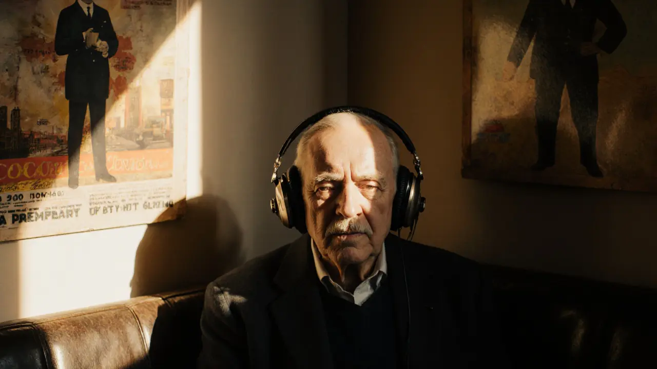 Elderly man listening to a historic transport audio clip with eyes closed.
