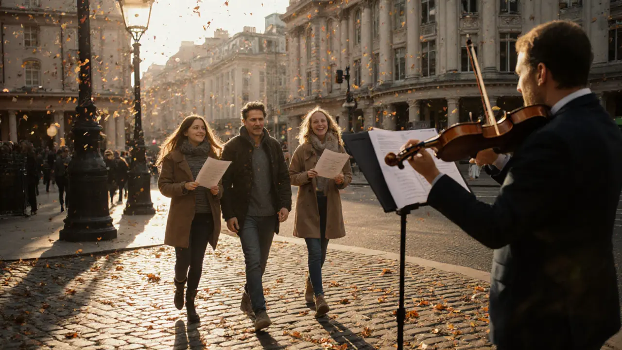 Family walking away from theatre in Covent Garden, holding programmes, street musician playing nearby.