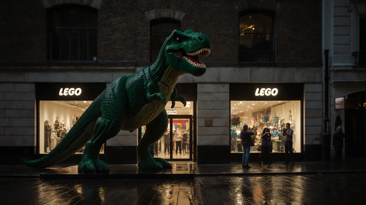 Giant 12-foot Lego T-Rex statue displayed at the entrance of the Lego Store London in Covent Garden.