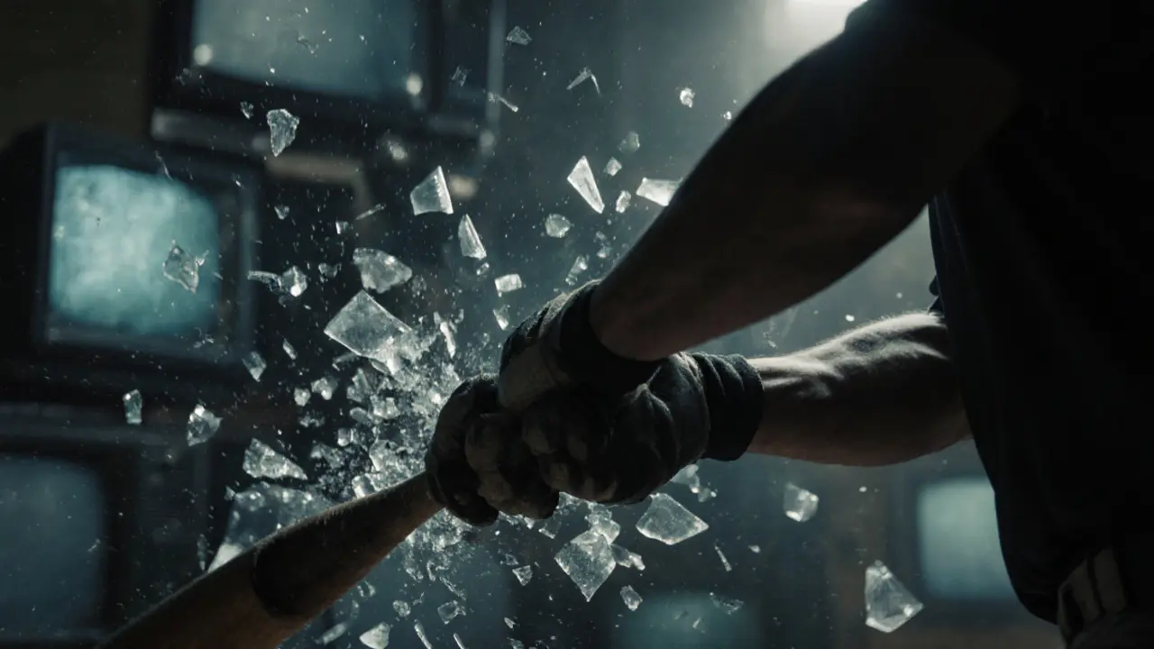 Gloved hands swinging a baseball bat as debris flies through the air