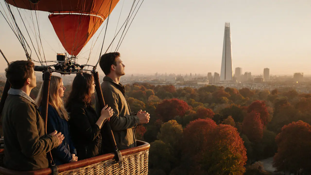 Group of riders smiling quietly in a hot air balloon basket over autumn trees.