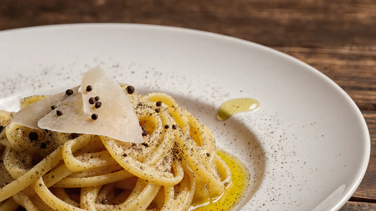 Handmade tagliatelle on a white plate topped with black pepper and Parmesan.