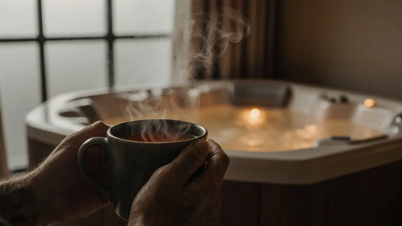 Hands holding a ceramic cup of herbal tea, steam rising, jacuzzi softly blurred in background