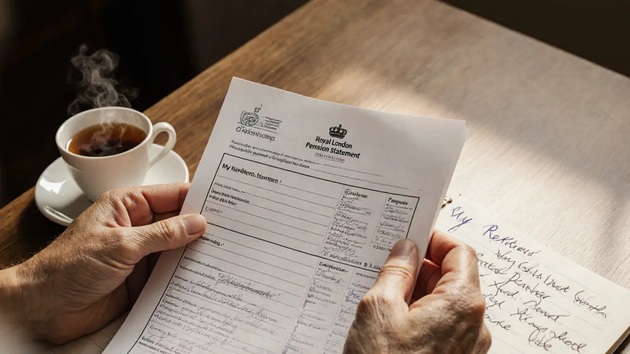 Hands holding a pension statement next to tea and a notebook with handwritten goals.