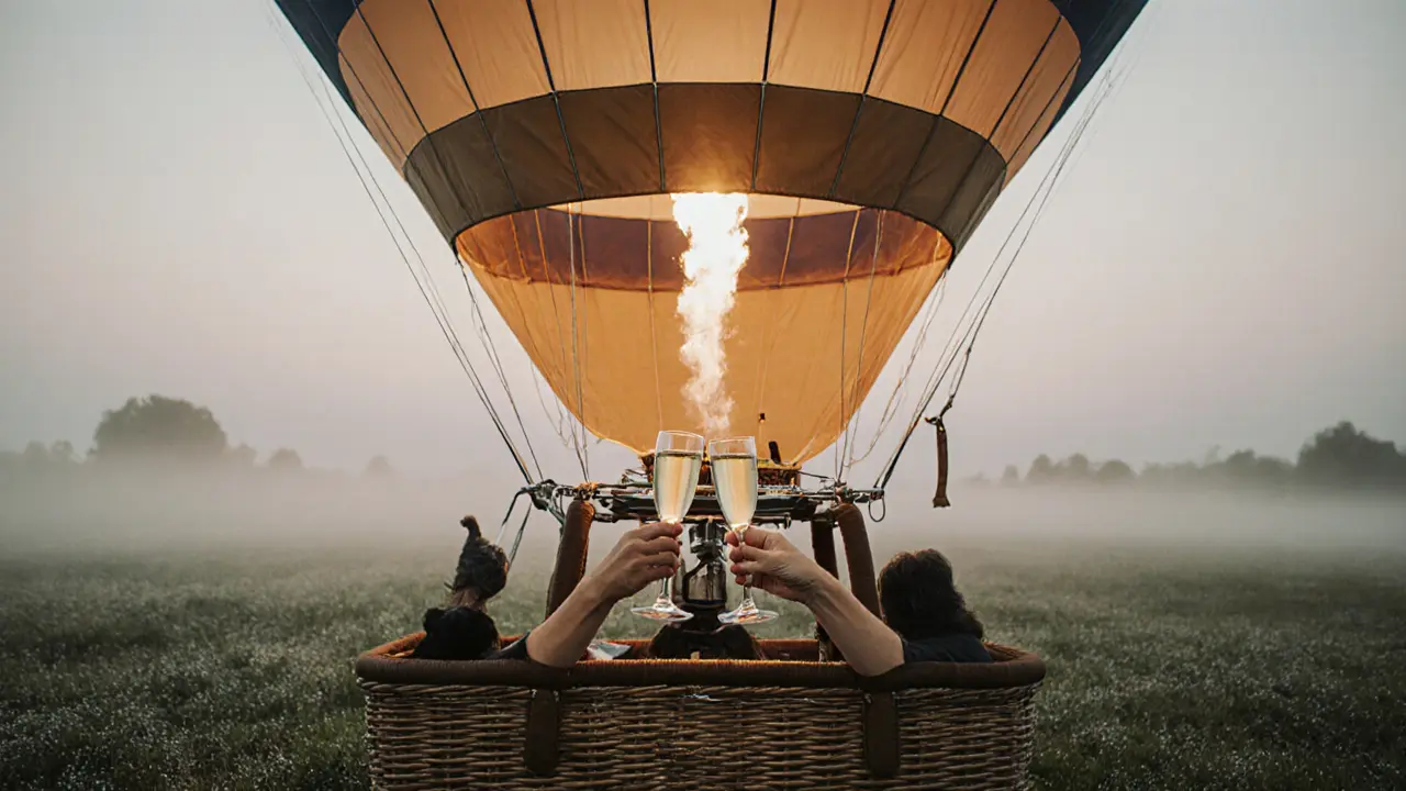 Hands holding champagne flutes in a wicker balloon basket as the envelope glows above.