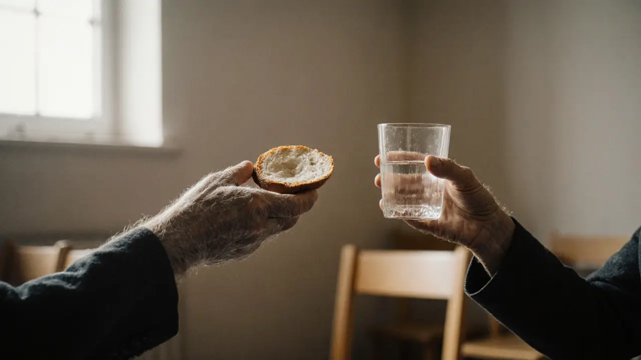 Hands passing bread and water in a quiet, humble Sunday gathering.