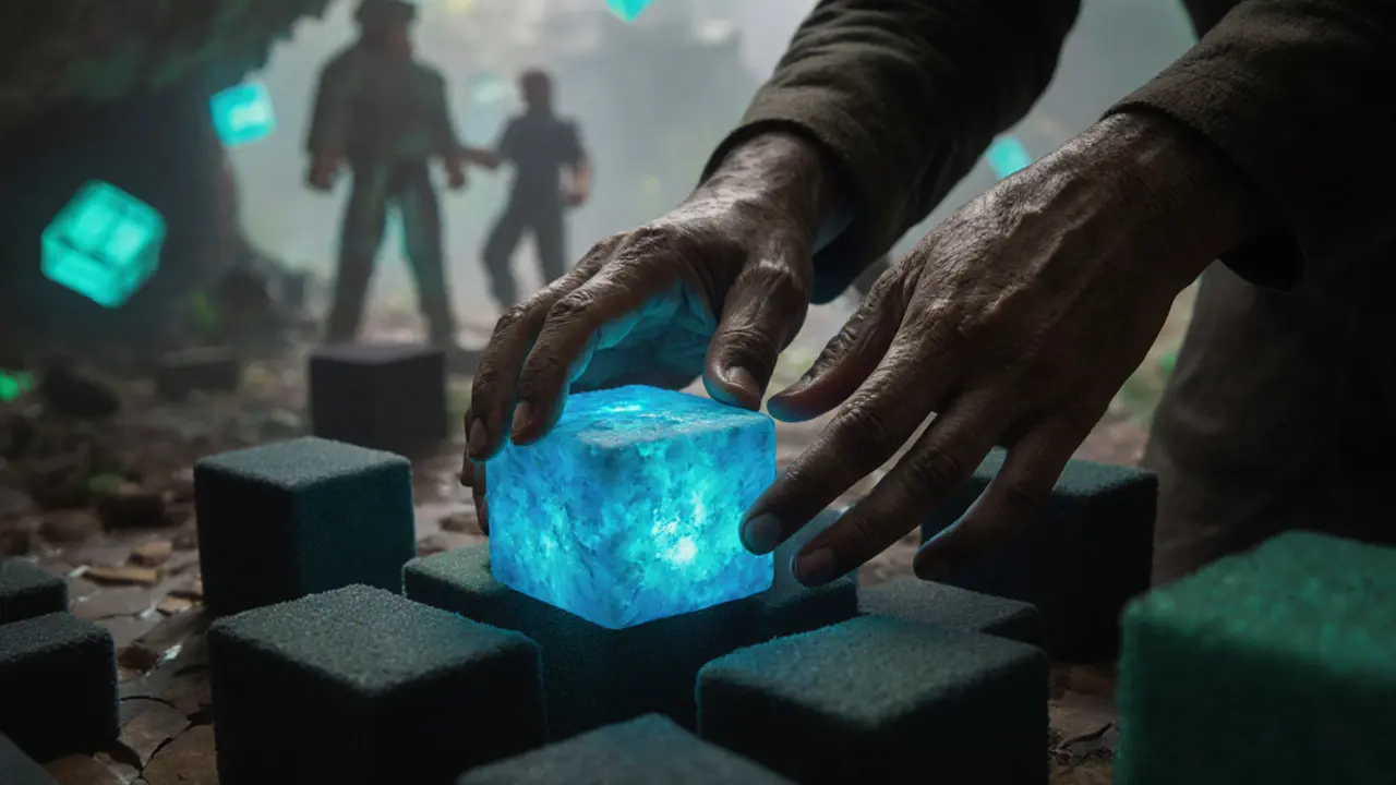 Hands placing a glowing blue foam block among other soft blocks, light reflecting on fingers.