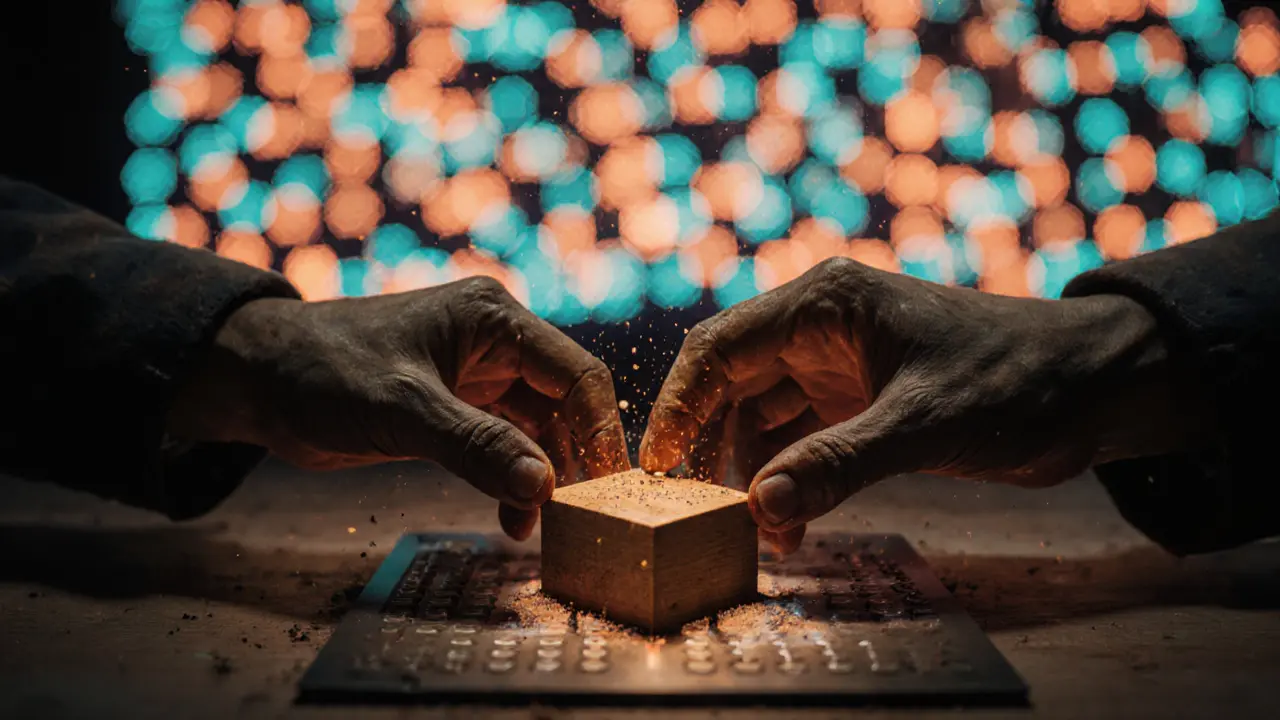 Hands placing a wooden block that triggers glowing pixel effects on a wall