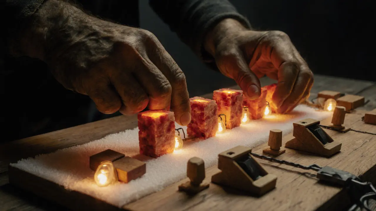 Hands placing redstone blocks to light up a physical circuit with glowing LEDs.