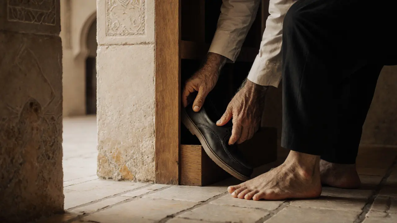 Hands placing shoes in a wooden cubby at the mosque entrance.